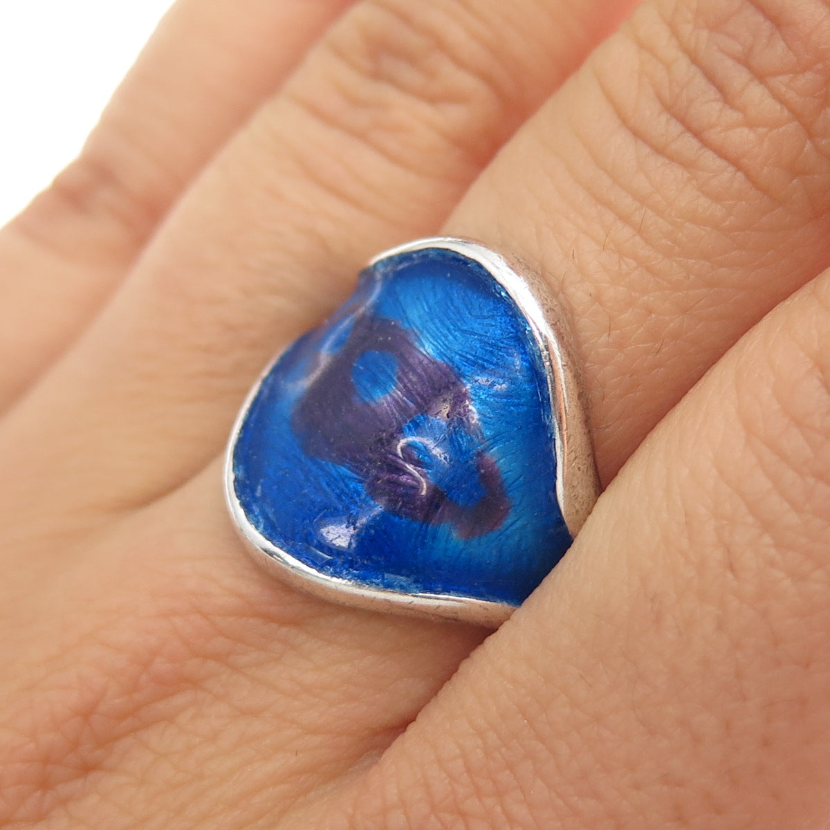 925 Sterling Silver Vintage Enamel Modernist Ring Size 8.25