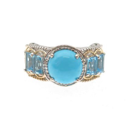 Chuck Clemency 925 Sterling 2-Tone Real Turquoise & Blue Topaz Ring Size 8.25
