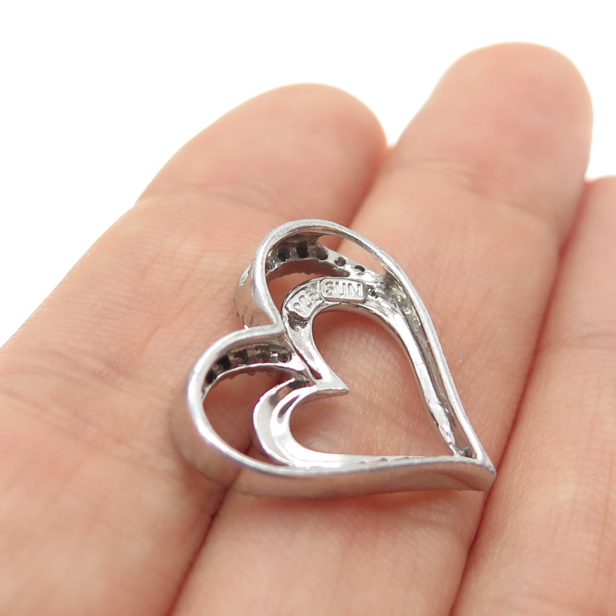 SUN 925 Sterling Silver Real Round-Cut Diamond Heart Slide Charm Pendant