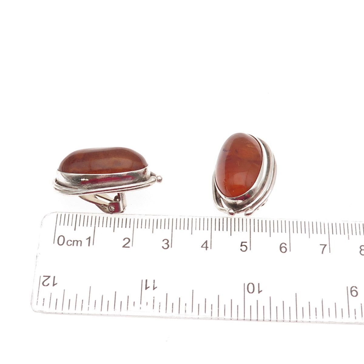 925 Sterling Silver Vintage Real Amber Modernist Clip On Earrings