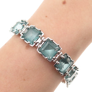 925 Sterling Silver Vintage Asscher-Cut Blue Rhinestone Bracelet 7.25"