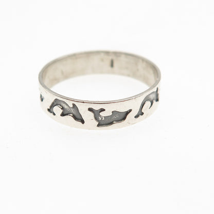 925 Sterling Silver Vintage Dolphin All Around Oxidized Band Ring Size 5.5