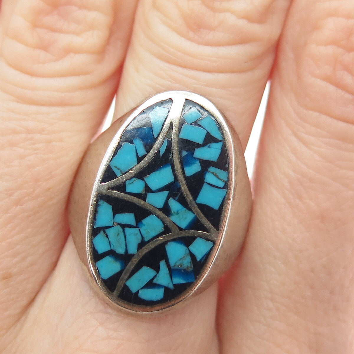 Old Pawn 925 Sterling Silver Vintage Southwestern Turquoise Inlay Ring Size 10