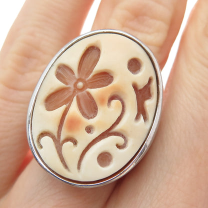 AMEDEO 925 Sterling Silver Real Carved MOP Flower Spiral Ring Size 6.25