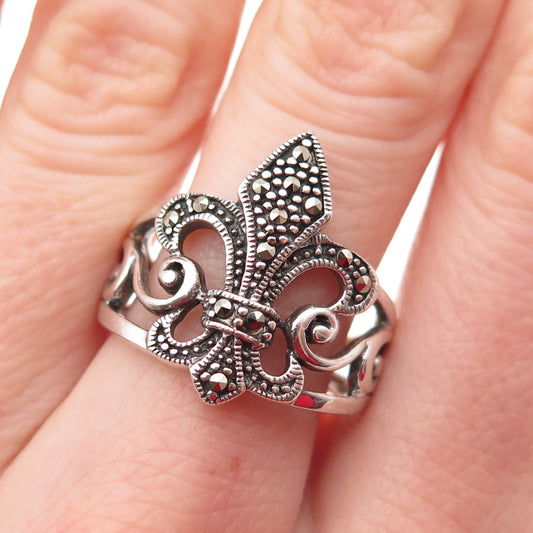 925 Sterling Silver Vintage Real Marcasite Fleur de Lis Oxidized Ring Size 8.25