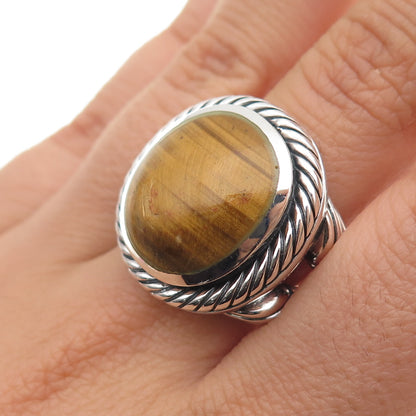 925 Sterling Silver Vintage Real Cabochon Tiger Eye Oxidized Ring Size 8