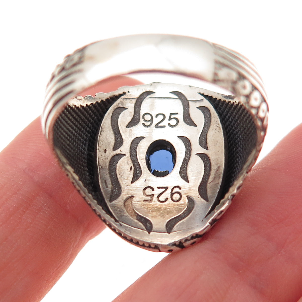 925 Sterling Silver 2-Tone Vintage Real Black Spinel & Blue Glass Ring Size 10.5