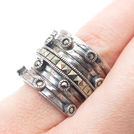 925 Sterling Silver Vintage Real Marcasite Oxidized Wide Ring Size 6
