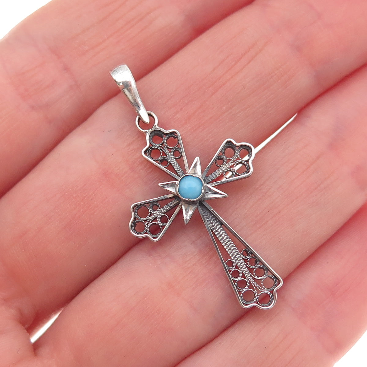 925 Sterling Silver Antique Art Deco Faux Pearl Cross Filigree Charm Pendant