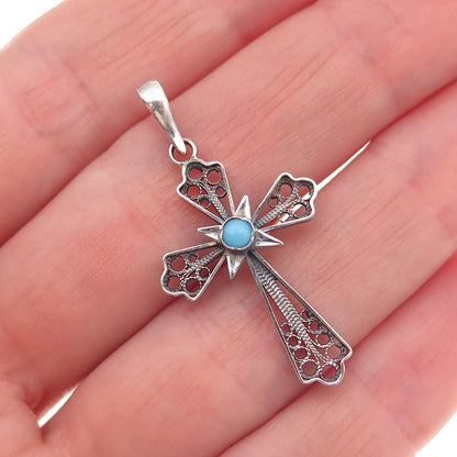 925 Sterling Silver Antique Art Deco Faux Pearl Cross Filigree Charm Pendant