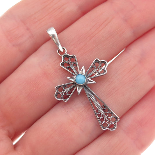 925 Sterling Silver Antique Art Deco Faux Pearl Cross Filigree Charm Pendant