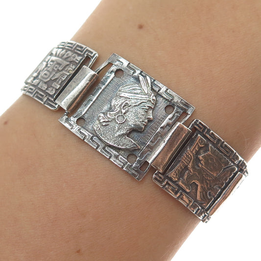 925 Sterling Silver Vintage DL Mexico Aztec Tribal Oxidized Watch Bracelet 5"
