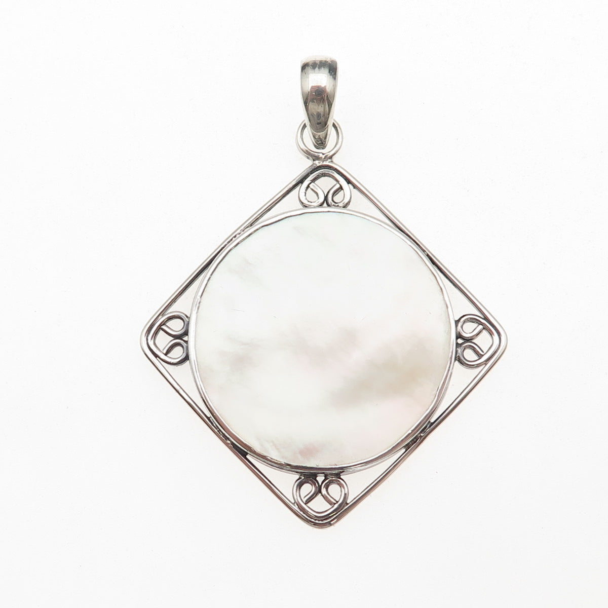 925 Sterling Silver Vintage Real MOP Modernist Heart Square Charm Pendant