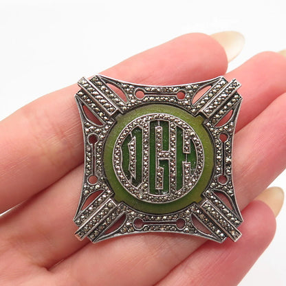 925 Sterling Silver Antique Real Marcasite Gem & Glass Pin Brooch