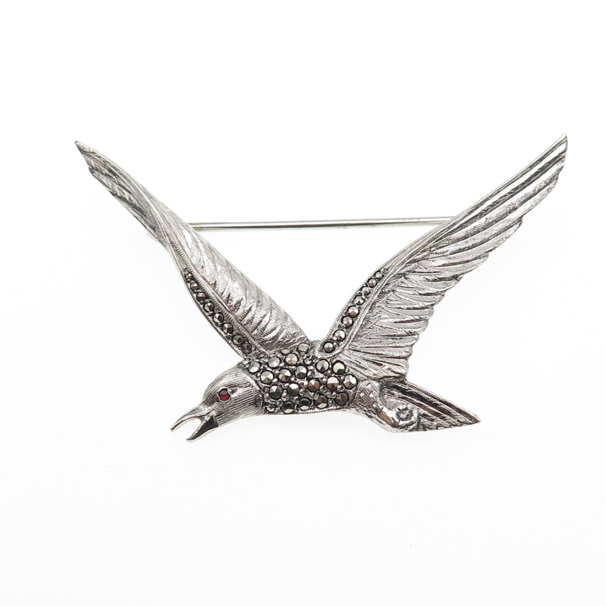 925 Sterling Silver Antique Art Deco Real Garnet & Marcasite Seagull Pin Brooch