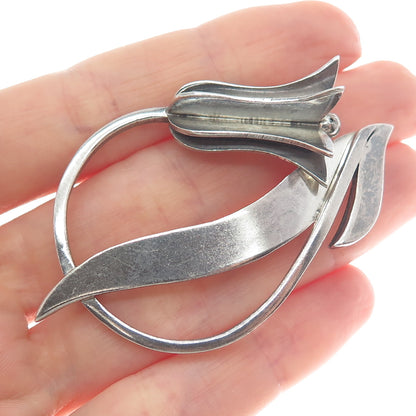 925 Sterling Silver Vintage Mexico Tulip Flower Modernist Oxidized Pin Brooch