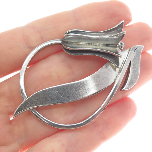 925 Sterling Silver Vintage Mexico Tulip Flower Modernist Oxidized Pin Brooch