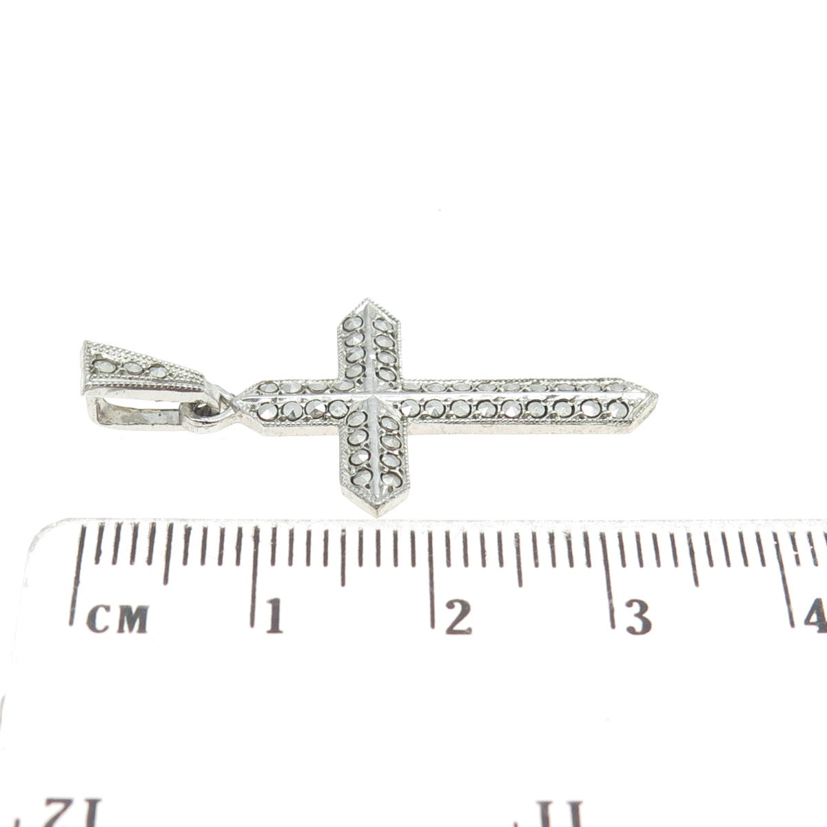 925 Sterling Silver Antique Art Deco Real Marcasite Gemstone Cross Pendant