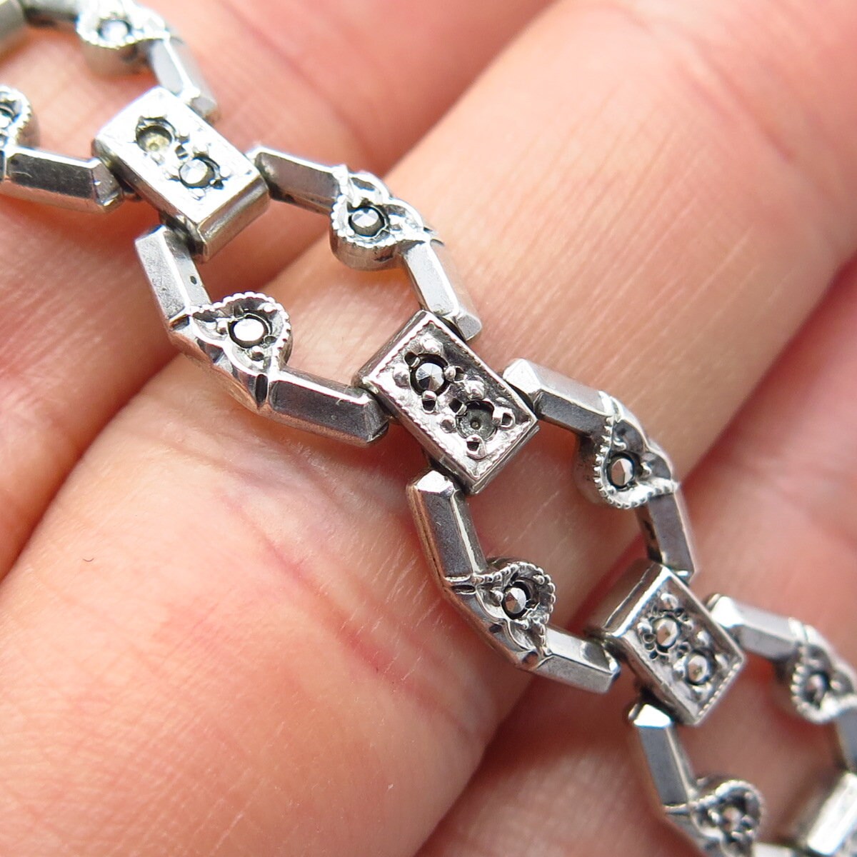 925 Sterling Silver Antique Real Marcasite Gemstone Panel Link Bracelet 7"
