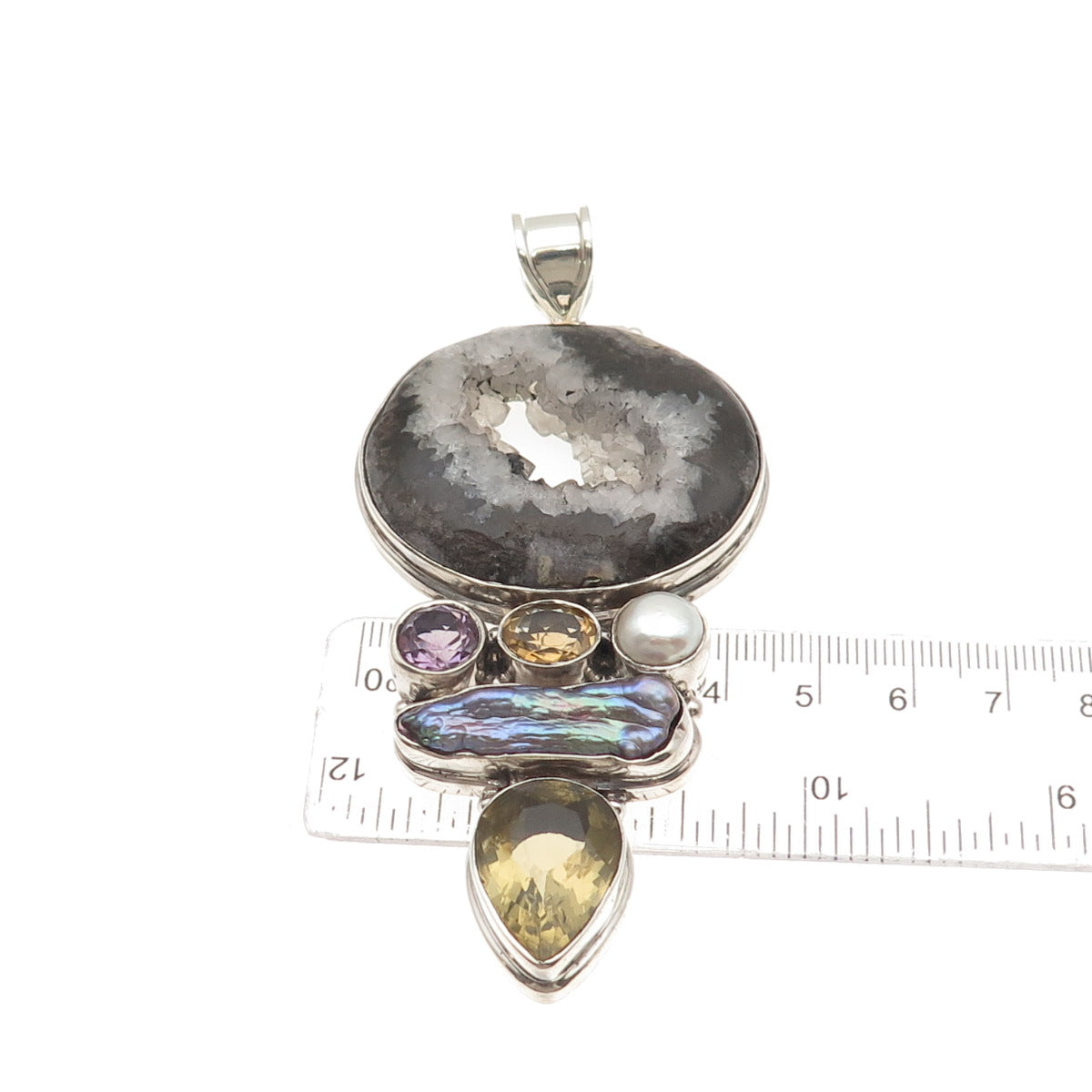 925 Sterling Vintage Agate Pearl Amethyst Citrine & Smoky Quartz Large Pendant