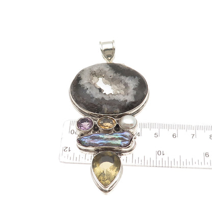 925 Sterling Vintage Agate Pearl Amethyst Citrine & Smoky Quartz Large Pendant