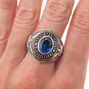 925 Sterling Vintage 1977 Lab-Created Sapphire St. Pius X School Ring Size 9.75