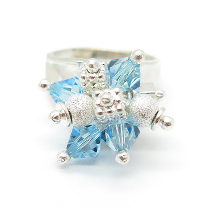 925 Sterling Silver Vintage Blue Glass Bead Charm Ring Size 9
