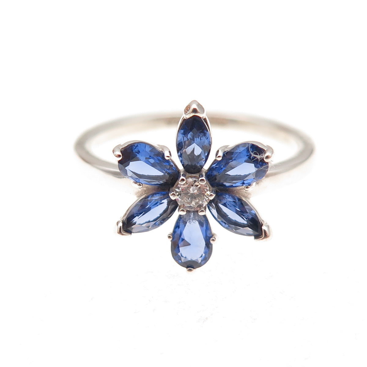 Pandora Sterling Silver Blue & White C Z Sparkling Herbarium Ring Size 6.75