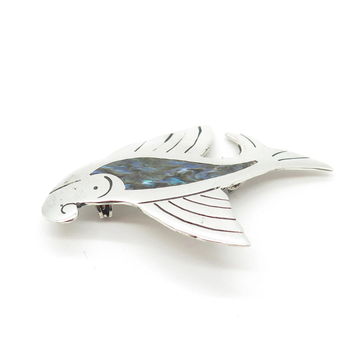 925 Sterling Silver Vintage Mexico Real Abalone Shell Fish Pin Brooch