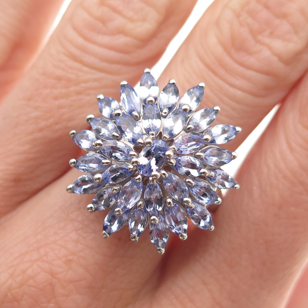 D'Joy 925 Sterling Silver Real Marquise & Oval-Cut Tanzanite Floral Ring Size 8