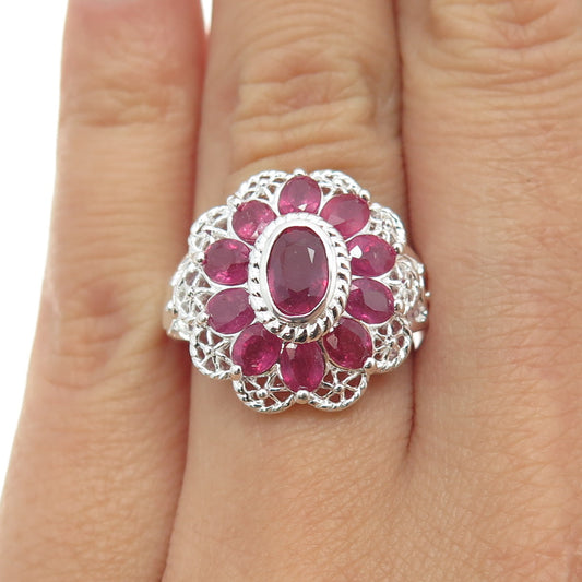 925 Sterling Silver Real Oval-Cut Ruby Flower Ring Size 6