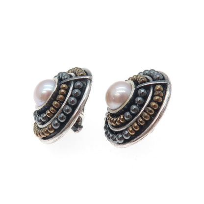 925 Sterling Silver 2-Tone Vintage Pearl Modernist Oxidized Clip On Earrings