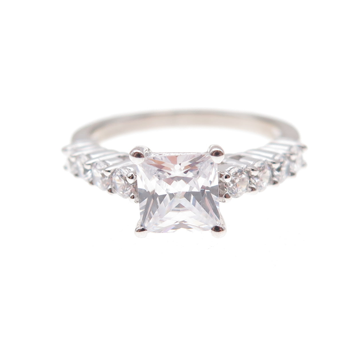 JH Young 925 Sterling Silver Princess & Round-Cut C Z Engagement Ring Size 7