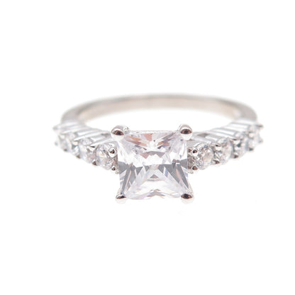 JH Young 925 Sterling Silver Princess & Round-Cut C Z Engagement Ring Size 7