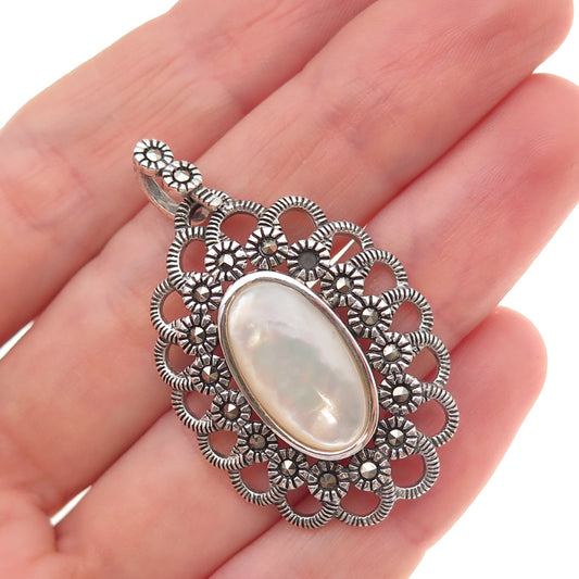 925 Sterling Silver Vintage Real MOP Marcasite Oxidized Pendant (missing stone)