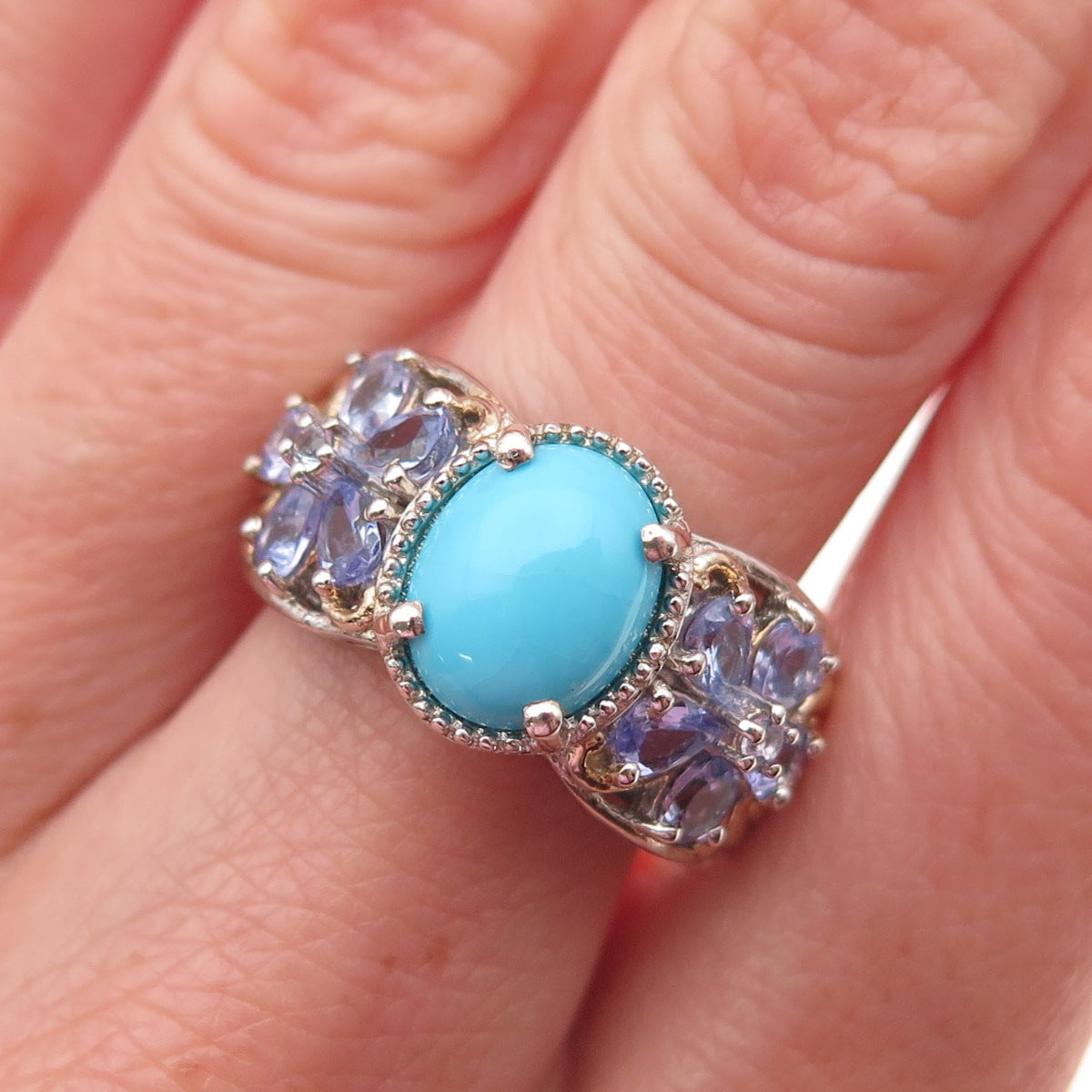 Chuck Clemency Sterling Silver 2-Tone Real Turquoise & Tanzanite Ring Size 8.25