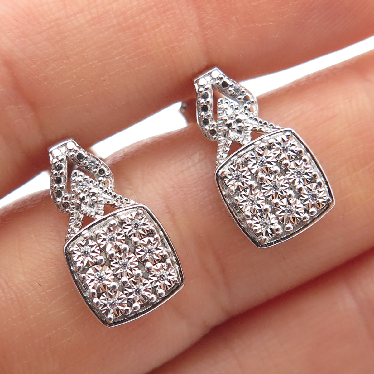 925 Sterling Silver Round-Cut C Z Cushion Drop Earrings