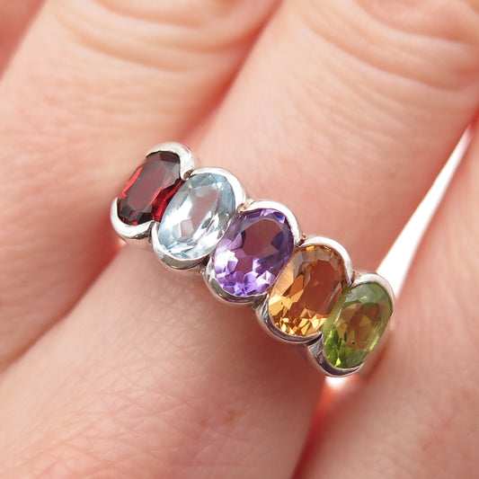 925 Sterling Vintage Real Topaz Garnet Amethyst Peridot & Citrine Ring Size 9.75