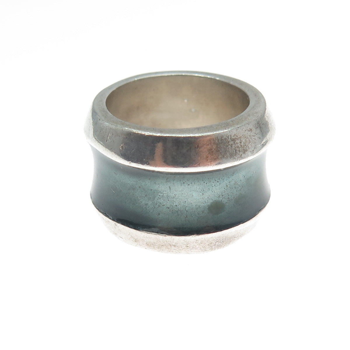 925 Sterling Silver Vintage Enamel Modernist Oxidized Ring Size 7.75