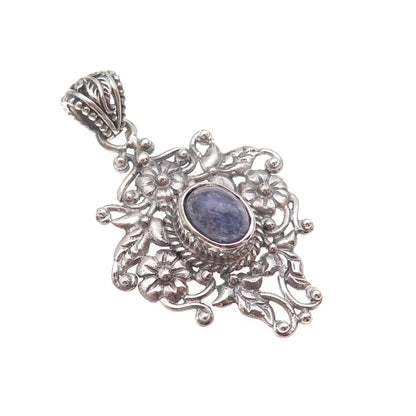 925 Sterling Silver Vintage Real Tanzanite Floral Oxidized Charm Pendant