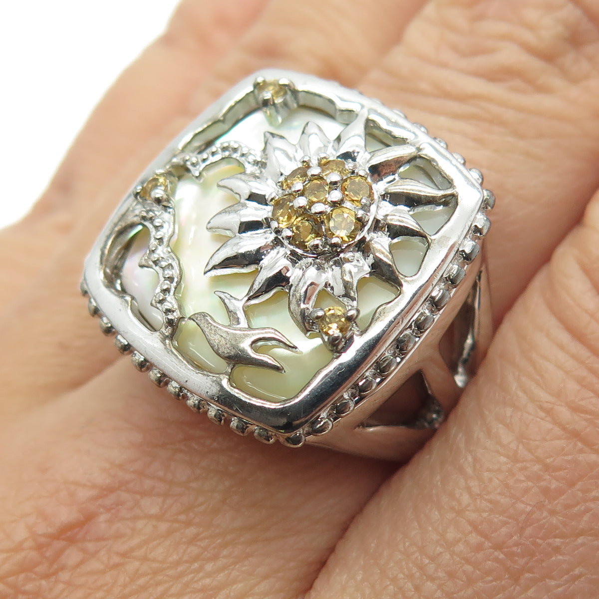 925 Sterling Silver Real Mother-of-Pearl & Citrine Seagull Sun Ring Size 7.25