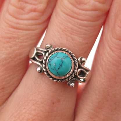 925 Sterling Silver Vintage Real Turquoise Oxidized Ring Size 7.75