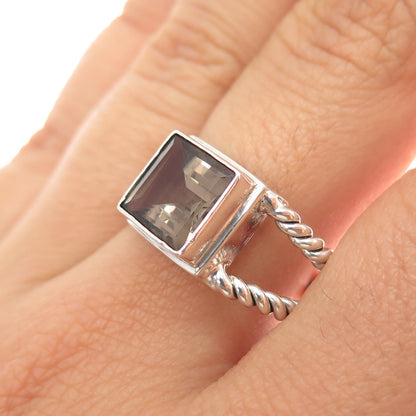 IROSE 925 Sterling Silver Vintage Real Smoky Quartz 2-Row Ring Size 9