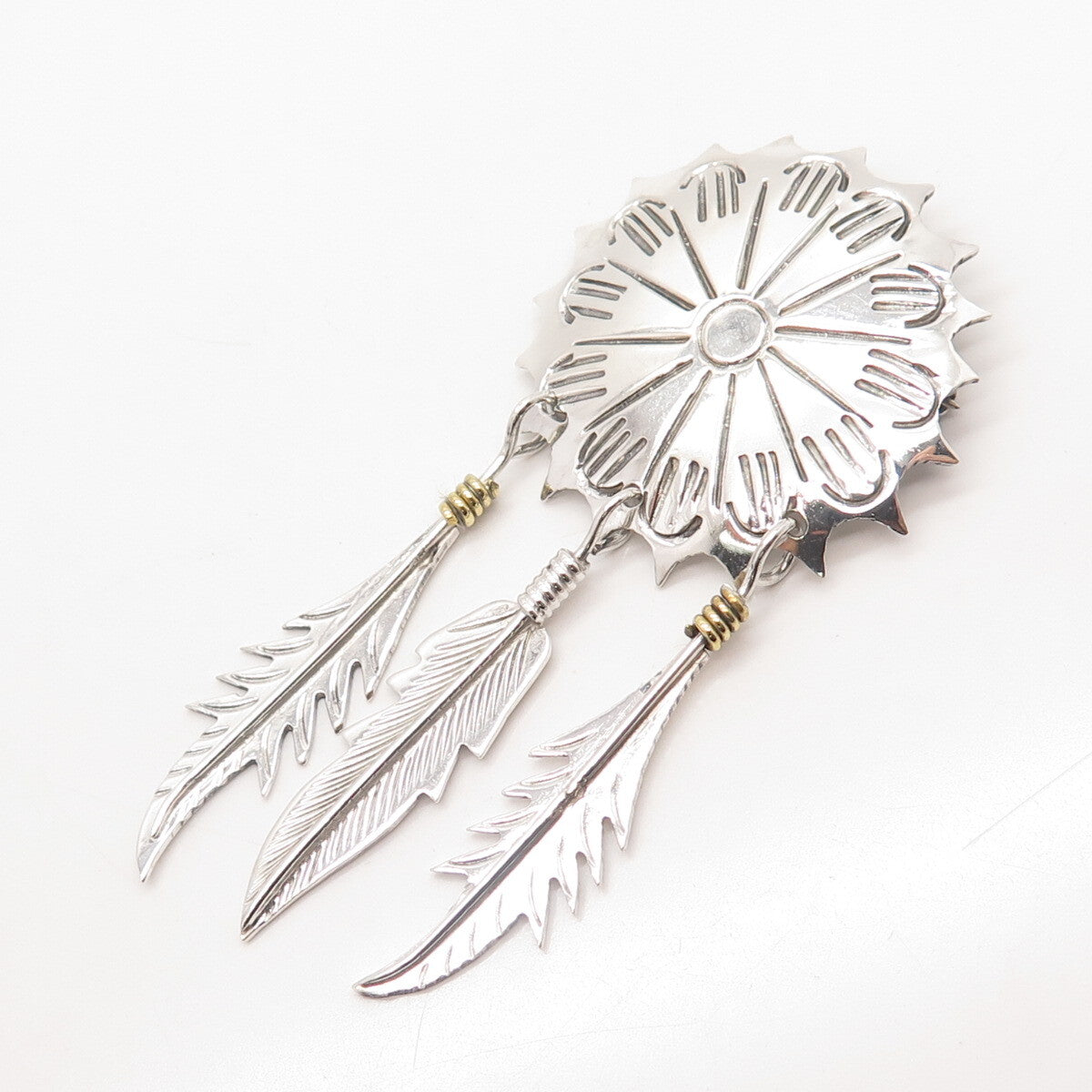 925 Sterling Silver 2-Tone Vintage Mexico Concho Feather Pin Brooch