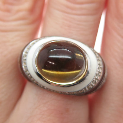 EMA 925 Sterling Silver Vintage Real Citrine & White Topaz Enamel Ring Size 7.25