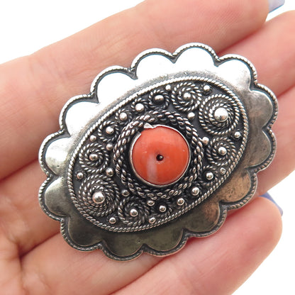 935 Silver Antique Art Deco Israel Real Coral Oxidized Pin Brooch