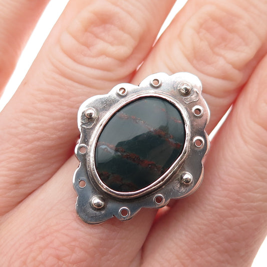 925 Sterling Silver Vintage Real Agate Modernist Oxidized Ring Size 7
