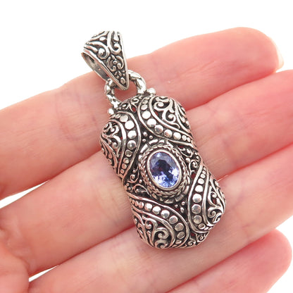 Sarda 925 Sterling Silver Vintage Real Iolite Ornate Oxidized Charm Pendant