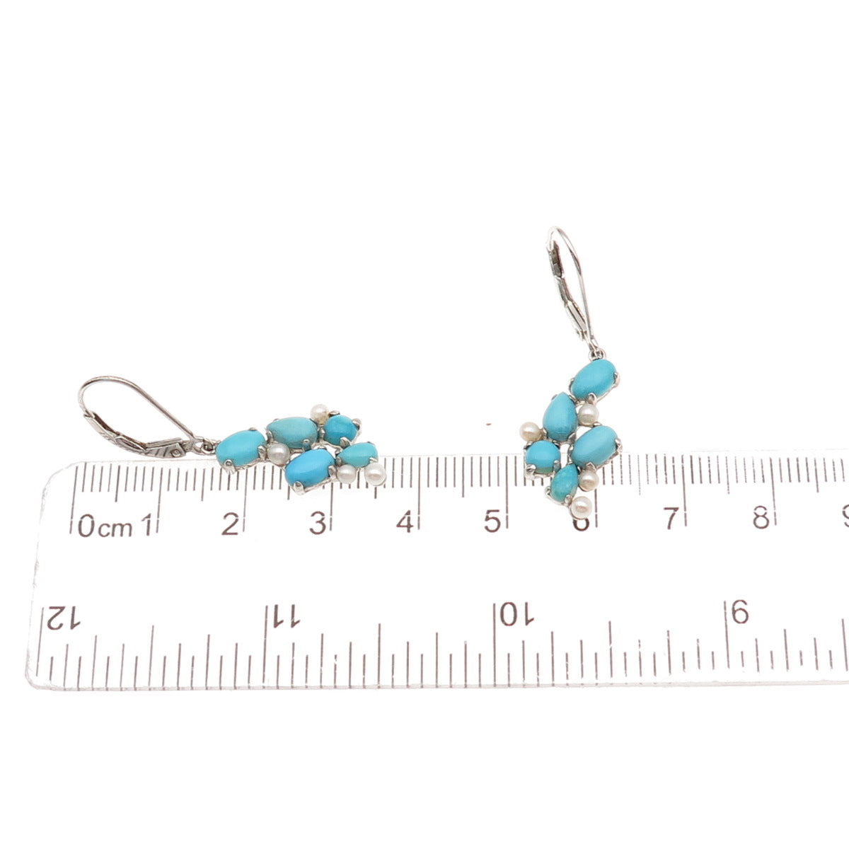 925 Sterling Silver Real Turquoise & Pearl Cluster Dangle Earrings
