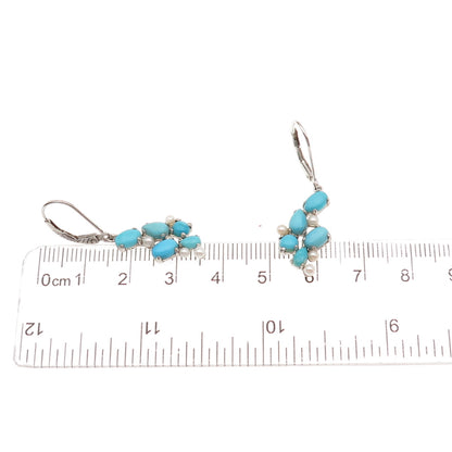 925 Sterling Silver Real Turquoise & Pearl Cluster Dangle Earrings